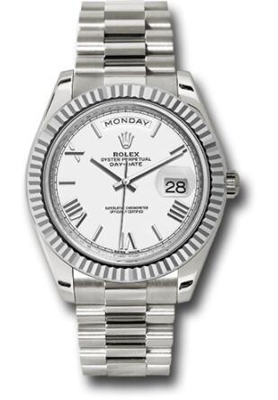 Replica Rolex White Gold Day-Date 40 Watch 228239 Fluted Bezel White Bevelled Roman Dial President Bracelet